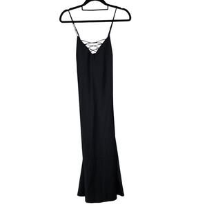 Good American Maxi Dress 0 Black Lace Up Satin Crisscross V Neck Sleeveless